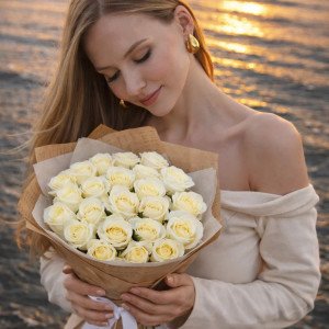 Букет 19 белый роз Кения с упаковкой